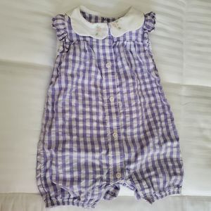 Lilac gingham baby romper with embroidered collar